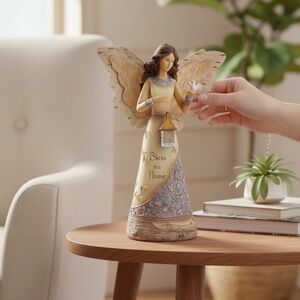 Elements-Bless this Home Angel Figurine w/Lantern collectible- Cream/Silver EUC